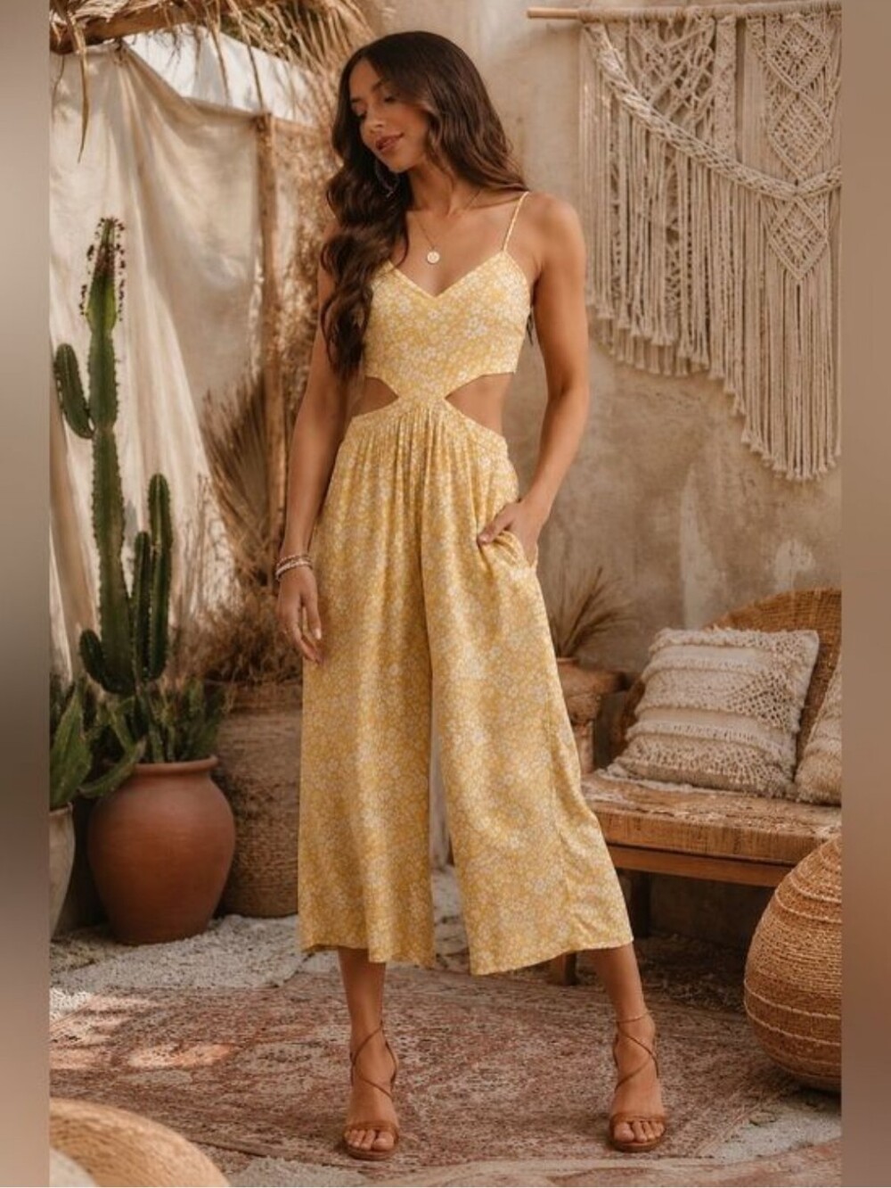 Aerie Yellow Floral Wide Leg Cropped Cutout Jumpsuit